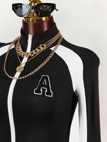 Amplova Top décoratif à col montant court avec panneau contrasté pour femmes - Noir - Voir 2