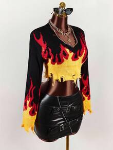 Amplova Fall Clothes Women Fire Pattern Distressed Crop Sweater,Long Sleeve Tops - Black - View 6