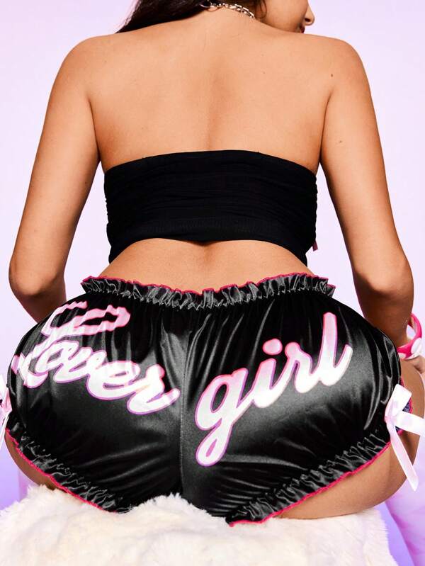 NotGurli Women High Waist Cute Doll Printed Letter Color Block Satin Ruffle Bow Hipster Panties