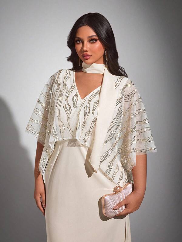 Viva Relle Plus Size Elegant Glamorous Party/Reception/Wedding Guest Long Sequin Shawl V-Neck Cinched Waist Straight Dress With Side Slit