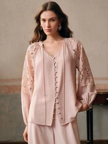 Anewsta Women's Lace Patchwork Fashion Casual Elegant V-Neck Loose Long Sleeve Shirt - Pink - View 6