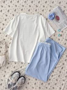 SHEIN 蝴蝶结字母印花圆领短袖 T 恤和褶皱长裤套装，适合少女，可爱、休闲、基本款、百搭，浅蓝色和柔和色彩 - 彩色 - 查看 2