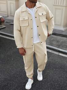 Manfinity Homme Men's Plus Size Flap Pocket Jacket And Drawstring Waist Pants,Fall Clothes - Khaki - View 6