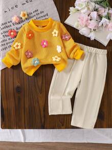 Conjunto de suéter con flores 3D tejidas y pantalones de pierna recta para bebé niña, para otoño/invierno - Amarillo - Ver 1