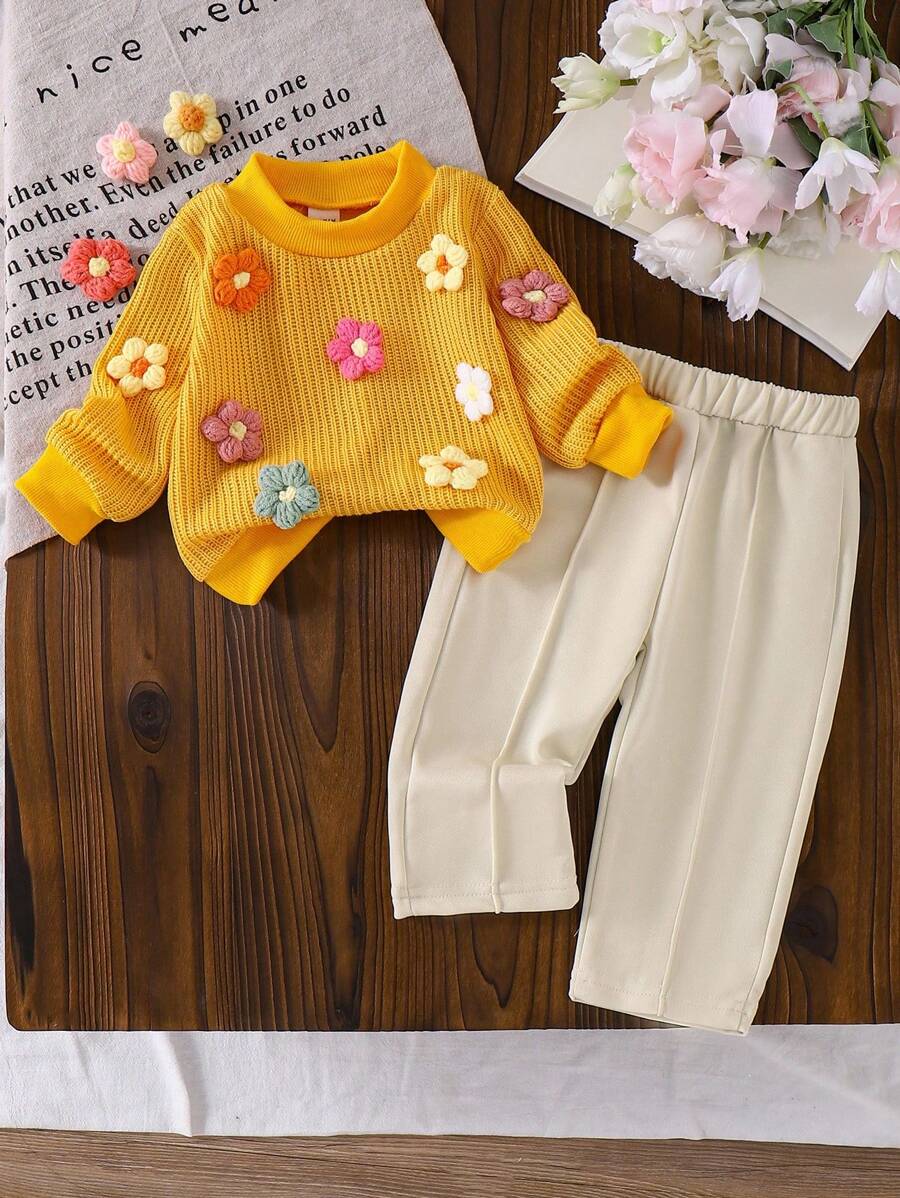 Conjunto de suéter con flores 3D tejidas y pantalones de pierna recta para bebé niña, para otoño/invierno - Amarillo - Ver 1