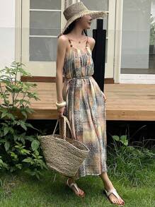 DAZY Women's V-Neck Floral Print Mid-Calf Belted Summer Vacation Dress Maxi Dress Cruise Outfit For Women Boho - Apricot - View 5