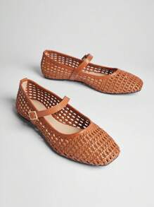 SHUZIA 女士休闲编织 PU 方头舒适玛丽珍芭蕾平底鞋 - 棕色 - 查看 7