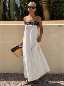Livesso 女士夏季蕾丝拼接黑白撞色宽松吊带中长连衣裙舞会礼服度假装 - 白色 - 查看 6