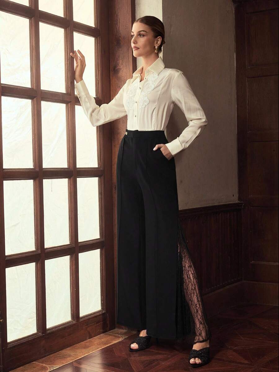 ZEYLAH CONTRAST LACE FLARE LEG PANTS FOR AUTUMN - Black - View 1