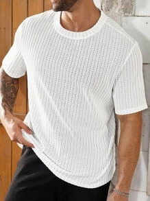 Manfinity Homme Plus Size Men's Casual Plain Color Textured Fabric Short Sleeve T-Shirt, Summer - White - View 3