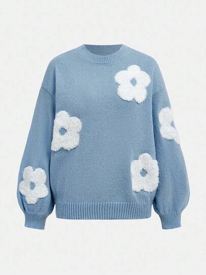 SHEIN Girlism Teen Girls' Oversized Floral Applique Round Neck Long Sleeve Loose Knit Sweater Blue Sweater Teen Teen Sweater Tween Sweater Blue Flower Sweater Girls Blue Sweater Teen Flower Sweater,In Fall/Winter