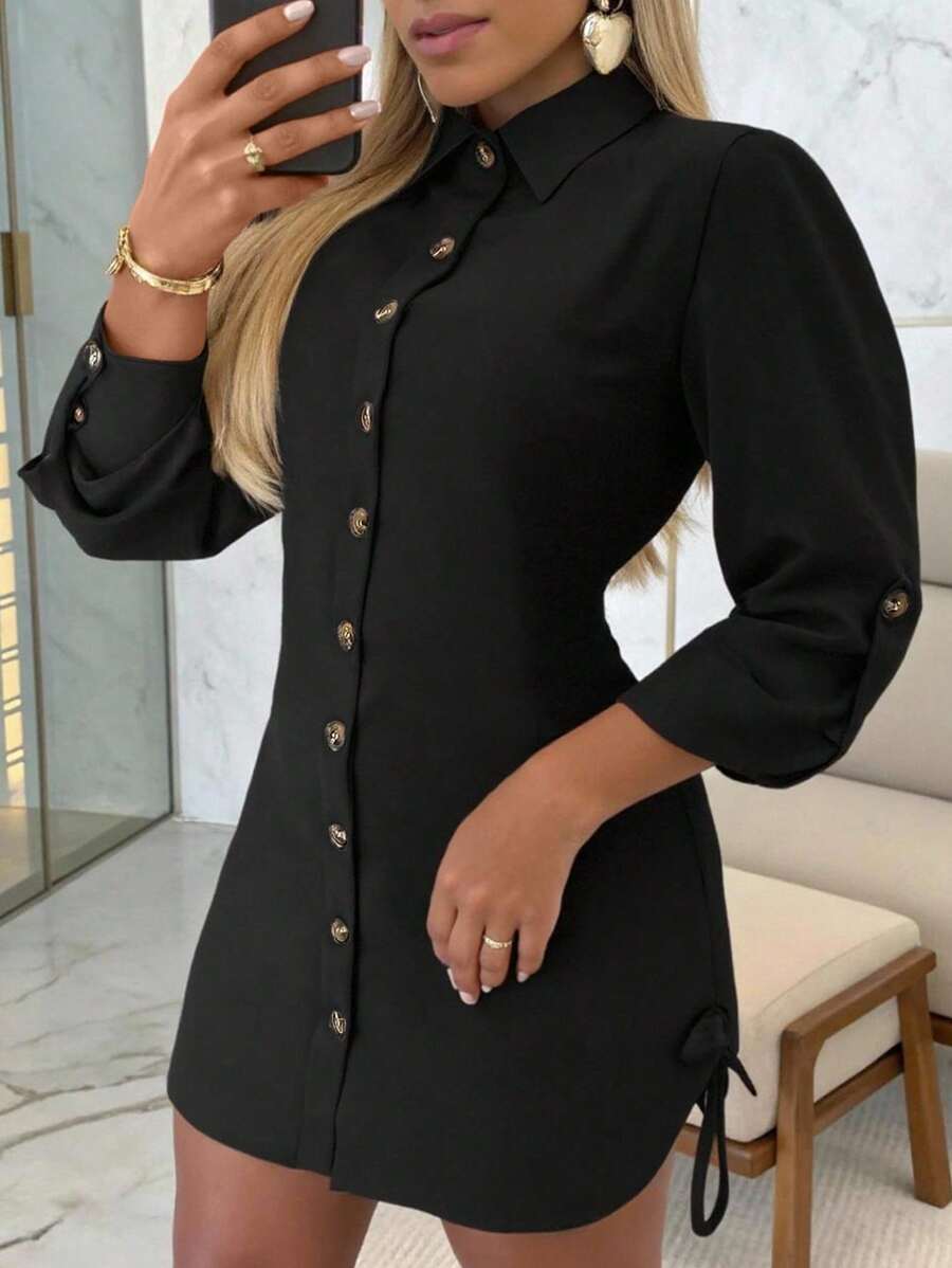 INAWLY Áo sơ mi dài tay cài nút đơn giản, đơn giản, màu trơn dành cho nữ, áo cánh, áo dài tay - màu đen - Xem 1