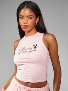 Missguided x Playboy Bunny Of The Year Slogan Tank Top Summer Sleeveless Crop Fitted Crew Neck High Neck Casual Basic Everyday Fitness Fashion - Pink - View 1