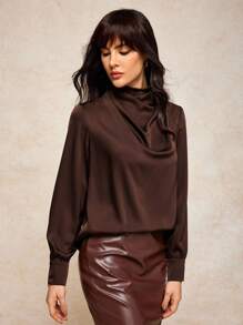 House of One Ruched Mock Neck Long Sleeve Satin Top Women Elegant Casual Old MoneyTop Brown Top Brown Blouse Chocolate Brown Top Dark Brown Top Coffee Brown Top Fall Women Clothes Office Old Money Outfits For Women Fall Outfits Business Professional Women Business Casual Woman