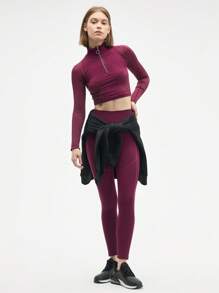 Gameset SHEIN Sport Women's Burgundy Seamless Long Sleeve Crop Top And Leggings Set,High-Waisted Workout Outfit For Fitness And Yoga - Red - View 1