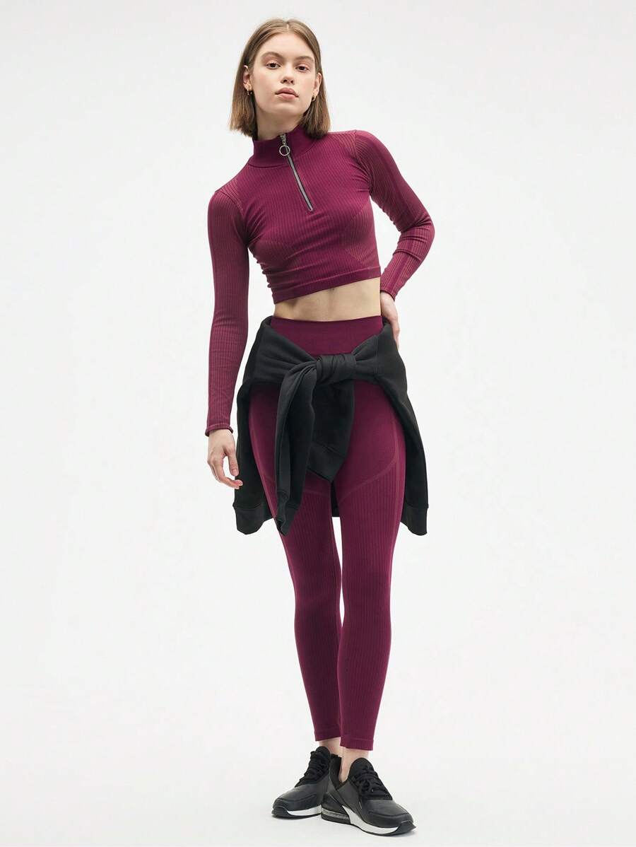 Gameset SHEIN Sport Women's Burgundy Seamless Long Sleeve Crop Top And Leggings Set,High-Waisted Workout Outfit For Fitness And Yoga - Red - View 1
