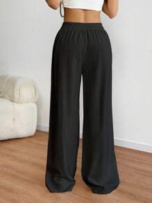 SHEIN PETITE Pantalones rectos de pierna ancha con cintura con cordón de aspecto de lino para vacaciones de primavera y verano para mujeres de estatura baja - Negro - Ver 2
