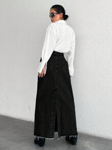 Women Long Casual Denim Skirt - Black - View 2