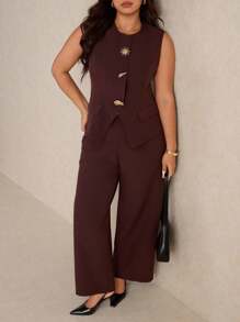 Elaquor Conjunto de 2 piezas de talla grande, elegante y minimalista, versátil para la oficina y el trabajo, compuesto por chaleco y pantalón corto para mujer, para primavera/verano