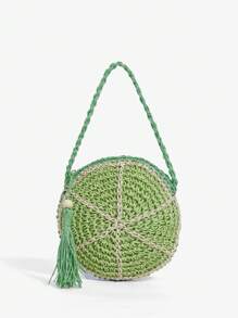 SHEIN SXY Quý cô, Túi cầm tay nữ, Túi rơm, Thời trang, Thanh lịch, Đơn giản, Cá nhân hóa, Đa năng, Hình quả chanh, Hình trái cây, Dành cho bãi biển, Kỳ nghỉ, Ngày lễ, Mùa hè, Bên bờ biển - màu xanh lá - Xem 4