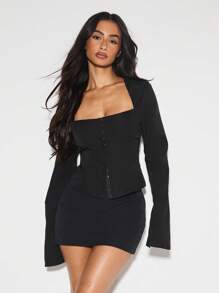 KIZN 黑色修身束身胸衣，方领长喇叭袖，哥特风晚宴派对现代时尚开衩袖口，夜店必备修身胸衣