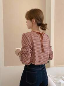 DAZY Women's Round Neck Striped Casual Long Sleeve T-Shirt With Drawstring Back