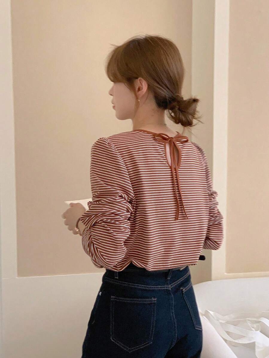 DAZY Women's Round Neck Striped Casual Long Sleeve T-Shirt With Drawstring Back