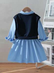 2 Piece Set Young Girls Fashion Stand Collar Blouse With Tie Bow Vest, Casual School Style Outfit, Suitable For Spring & Autumn Fall Winter - Royal Blue - View 2