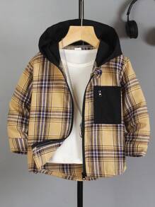 Young Boys Plaid Hooded Zip-Up Jacket, Casual Versatile Style, Suitable For Outdoor & School Wear, Fit For Spring/Autumn Back To School Season - Multicolor - View 3