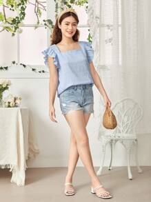 SHEIN Teen Girl Weave Texture Solid Color Square Collar Short Sleeve Casual Shirt