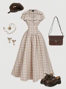 SHEIN MOD Collared Plaid Pattern Mid-Length Dress For Women,Back To School,Turndown Collar, Button Front And Waist Cinched,Retro,Vintage,Vacation,Country Concert Outfit,Concert Outfit Women,Boho,Brunch Outfits For Women,Office Outfits For Women,Tea Party Dress,Work Clothes Women