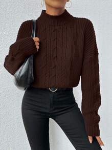 EURMUSE 女士纯色高领休闲麻花针织落肩毛衣 - 棕色 - 查看 1