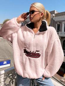 EURMUSE Áo hoodie lót lông cừu in chữ có khóa kéo cho nữ - Màu Hồng  San hô - Xem 4