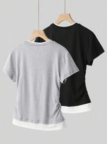 少女圆领短袖褶皱休闲T恤 - 彩色 - 查看 2