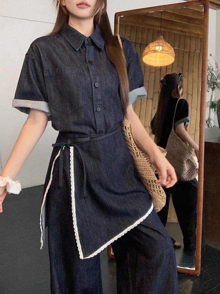 Women's Casual Korean Style Denim 3-Piece Set: Water-Washed Shirt, Wide-Leg Pants And Tie Waist Skirt