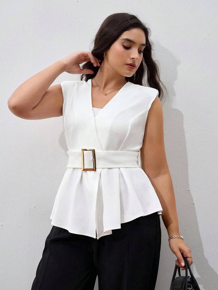 Chikora Veste élégante pour femme grande taille, col V sans manches, couleur unie, ceinture à la taille. Tout blanc. Convient pour les enseignantes, les femmes d'affaires décontractées, le bureau, le travail, les voyages, l'aéroport.