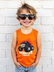 SHEIN Leap Crew Boys' Casual Cool Monster Graphic Print Round Neck Tank Top, Suitable For Summer