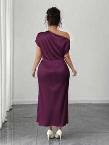 Elenzga Plus Size Women Satin Draped Neck Cold Shoulder Asymmetric Ruched Waist Slim A-Line Dress For Summer - Purple - View 2