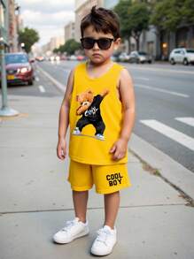 SHEIN Young Boy Casual Simple Cartoon Bear Printed Tank Top & Letter Print Shorts Set, Suitable For Summer