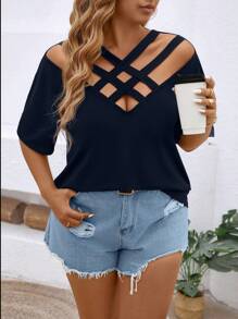 EMERY ROSE Áo thun tay ngắn thanh lịch dây đeo chéo rỗng cỡ lớn, mùa hè - Xanh đậm - Xem 6