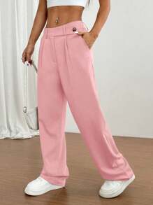 SHEIN Unity Women Casual Solid Color Loose Pants, Suitable For Daily Commute Fall Cloth For Women - Pink - View 4