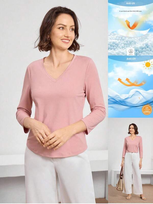 Miaspire Women's Casual Solid Color V-Neck 3/4 Sleeve T-Shirt, Features UV Blocking Fabric, Suitable For Spring & Autumn