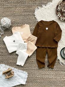 SHEIN Baby Girls Newborn-3 Years Outfit,Brown And White,Autumn,Modest,Family Matching Striped Knitted Heart-Shaped Embroidered Long Sleeve Top&Pants Set - Multicolor - View 6
