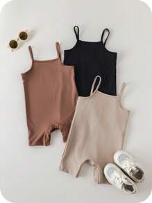 SHEIN Conjunto de 3 piezas de ropa de verano para bebé niña, incluye un lindo y sencillo mameluco de unicolor con tirantes elásticos - Multicolor - Ver 2