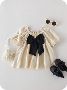 SHEIN Young Girl Woven Plain Round Neck Ruffle Bow Blouse - Apricot - View 1