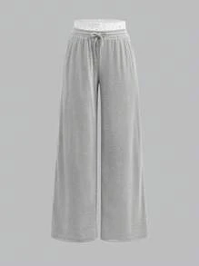 Girlism Pantalones de chándal holgados para adolescentes con remate de encaje y cintura elástica, pantalones casuales básicos lisos de color gris claro para la escuela, el hogar y el ocio
