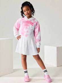 Tween Girl Pink And White Tie-Dye Graphic Print Oversized Sweatshirt,Autumn Casual School Back-To-School Loose Fit Pullover With Fun Letter & Pattern - Pink - View 4