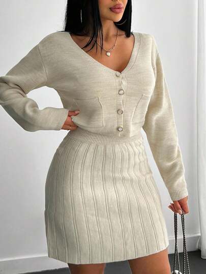 EURMUSE Pearl Button Knit Twinset – Beige Sleeveless Cardigan & Pleated Mini Skirt Co-Ord,Petite,Winter Clothes