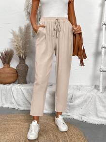 SHEIN PETITE Women's Linen-Feel Casual Pants With Waist Tie And Pockets, Spring/Summer Fall Cloth For Women - Apricot - View 7