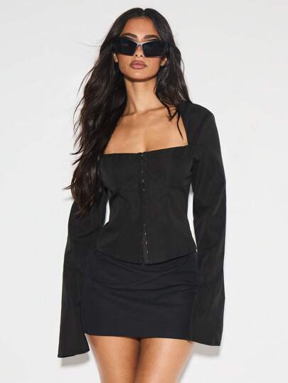 KIZN 黑色修身束身胸衣，方领长喇叭袖，哥特风晚宴派对现代时尚开衩袖口，夜店必备修身胸衣